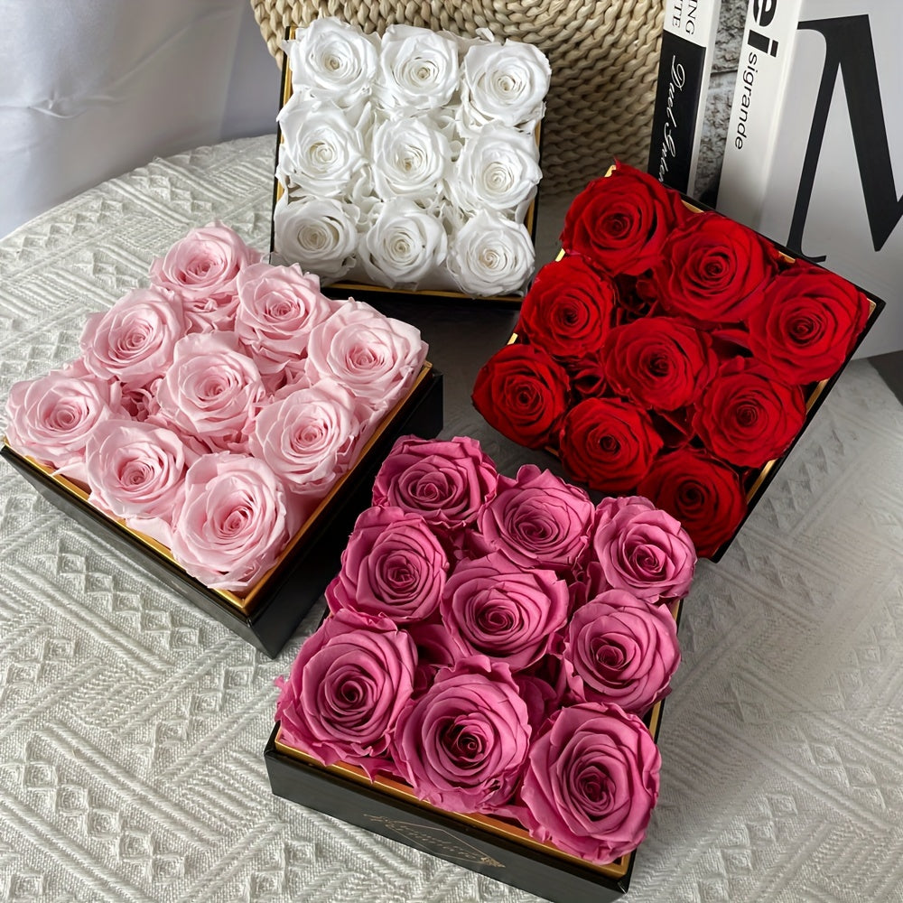 9 Eternal Preserved Roses in White Gift Box with Acrylic Cover