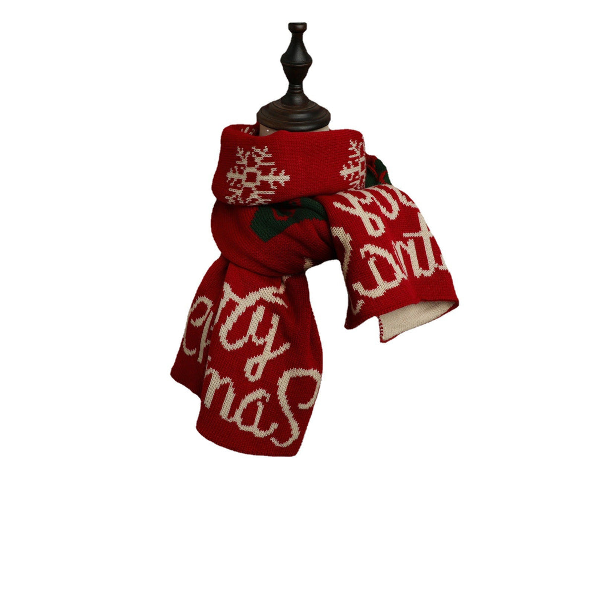 Red Knitted Scarf With Elk Print And Snowflake Pattern Designed For Warmth