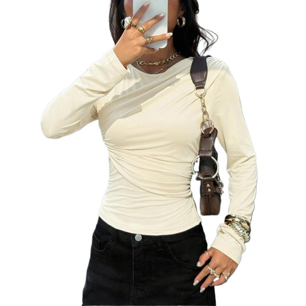 French-style Niche Off-white Top For Women Irregularly Crossed Pleated Design On The Front Chest Long Sleeves Loose Fit And Figure-flattering