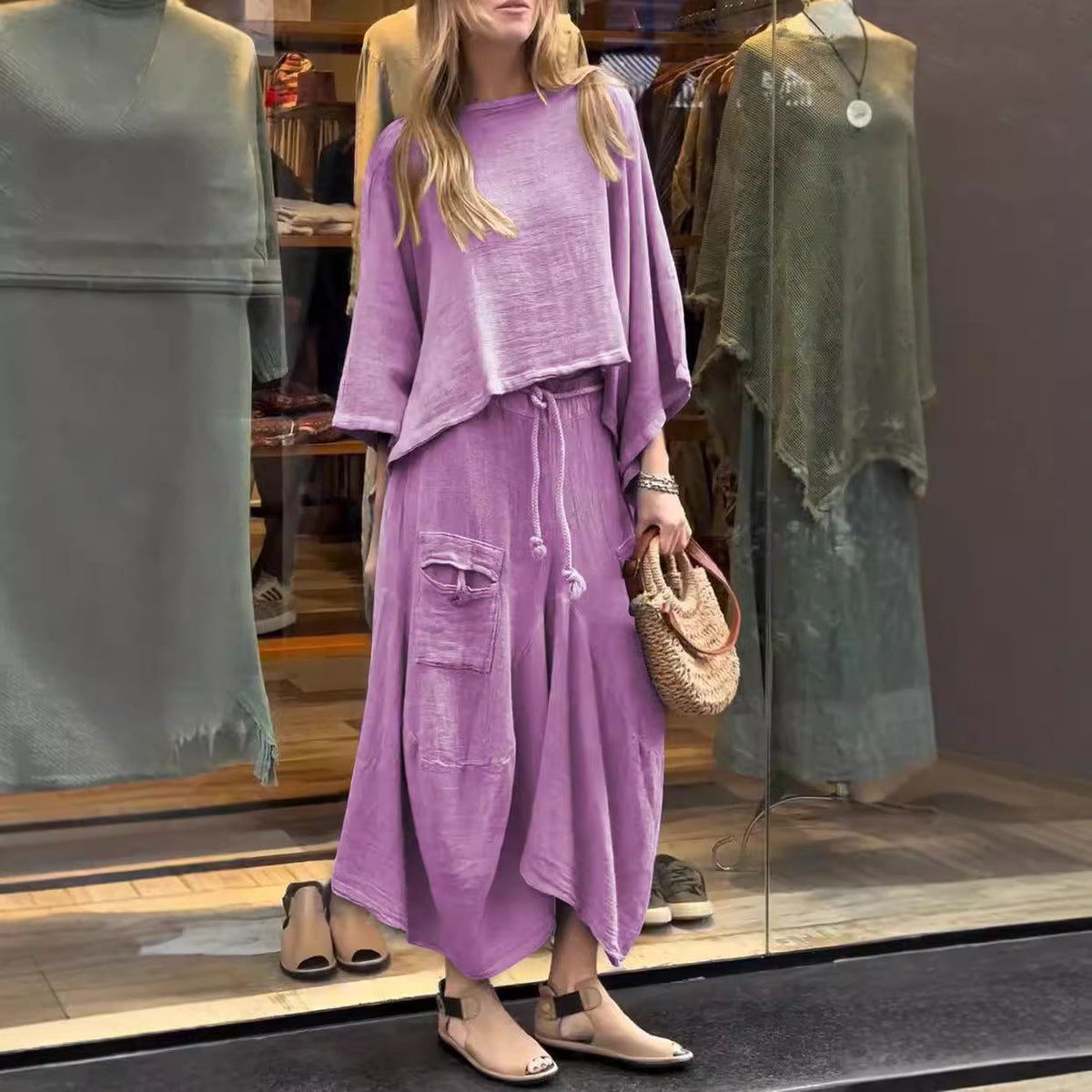 Casual Solid Color Loose Dress Two-piece Suit