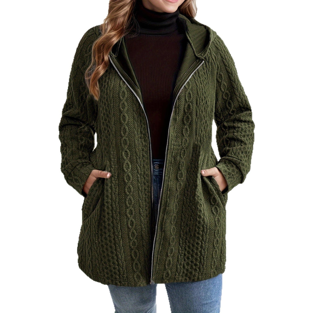 Women's Solid-Color Wavy-Pattern Patchwork Hooded Coat With Pockets