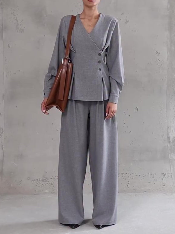 Light Gray V-Neck Asymmetrical Button Top & Wide-Leg Pants Set