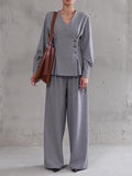 Light Gray V-Neck Asymmetrical Button Top & Wide-Leg Pants Set