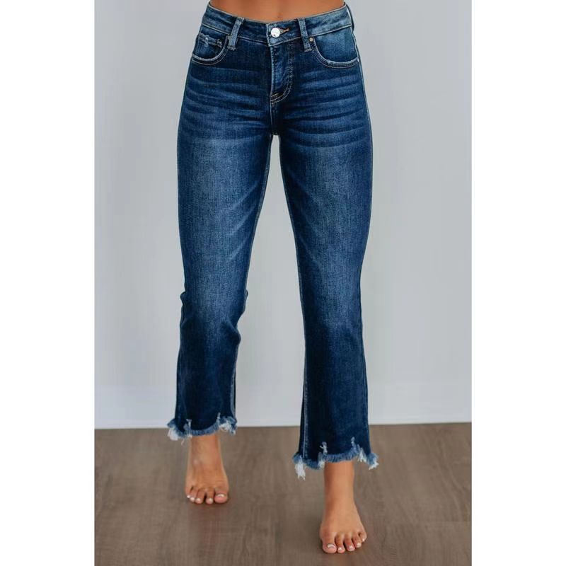 Solid Color Casual Women's Denim Pants Hand-worn