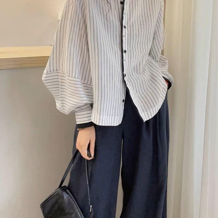 Lanternsleeve Verticalstriped Casual Blouse Women's Stylish Top