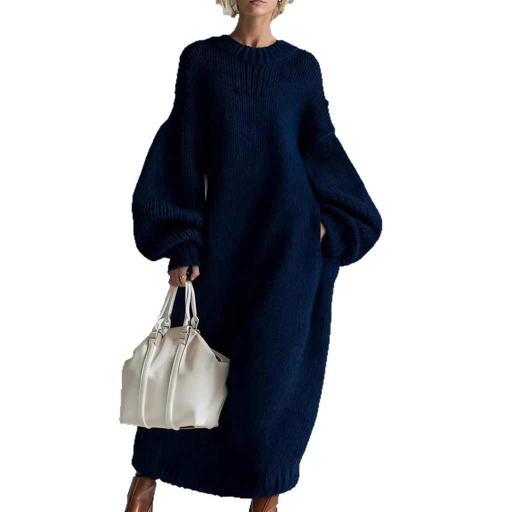 Crew-neck Loose-fit Lantern-sleeve Long Knit Sweater Dress