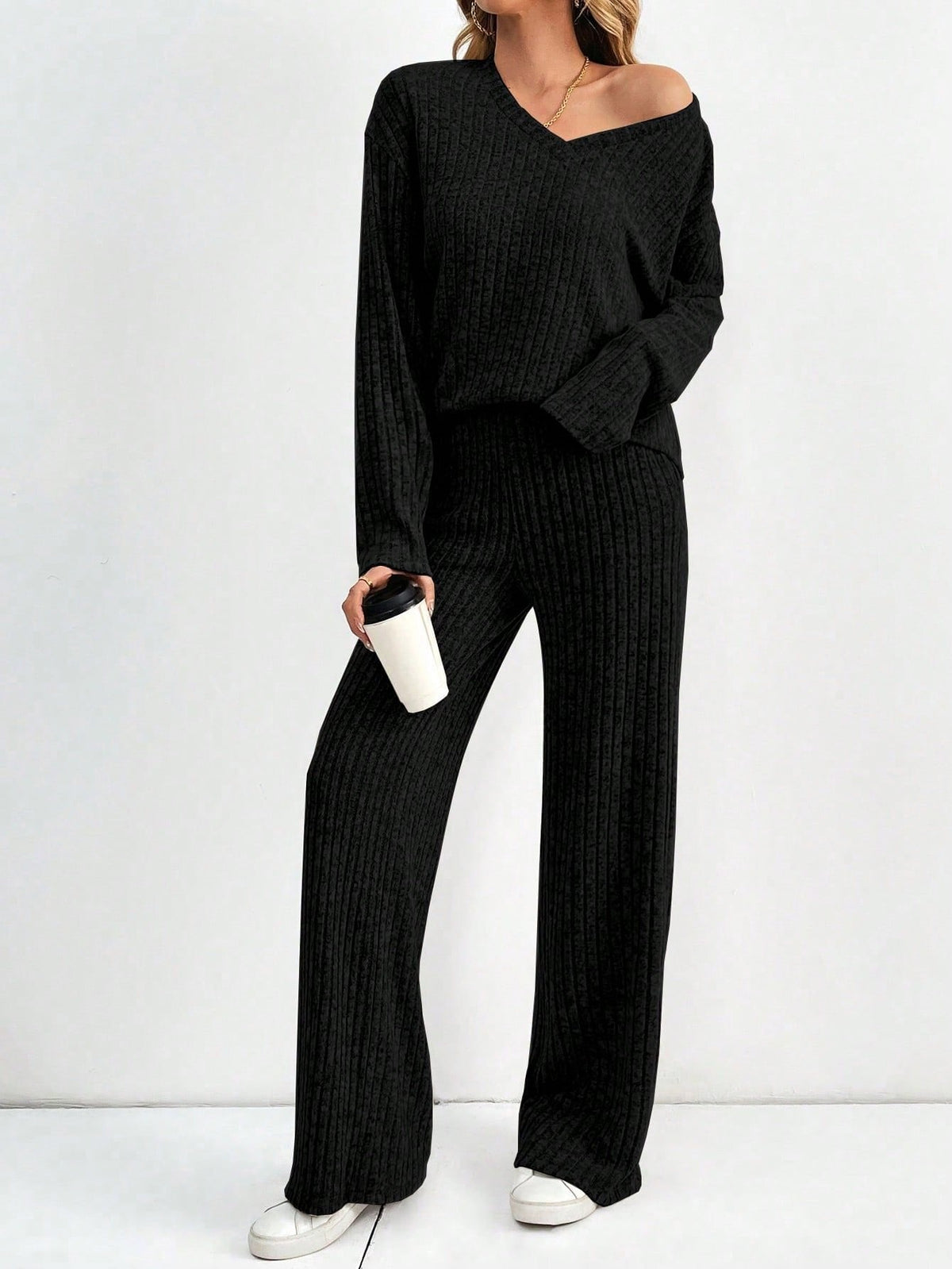 Women's Fashion Casual Straight Pants Temperament V-neck Sunken Stripe Knitting Suit