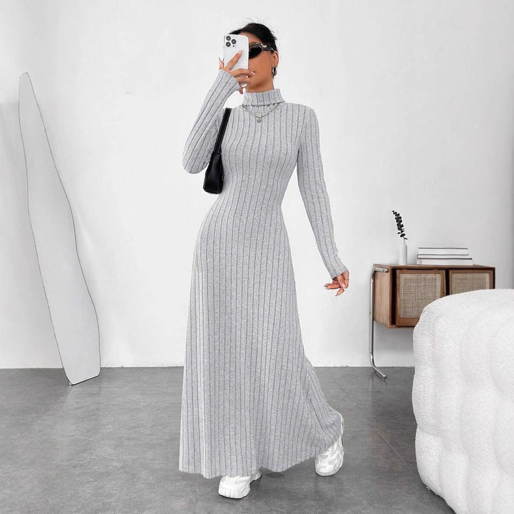 Women's Slim Fit Turtleneck Rib Fabric Brushed Long Sleeve Dress