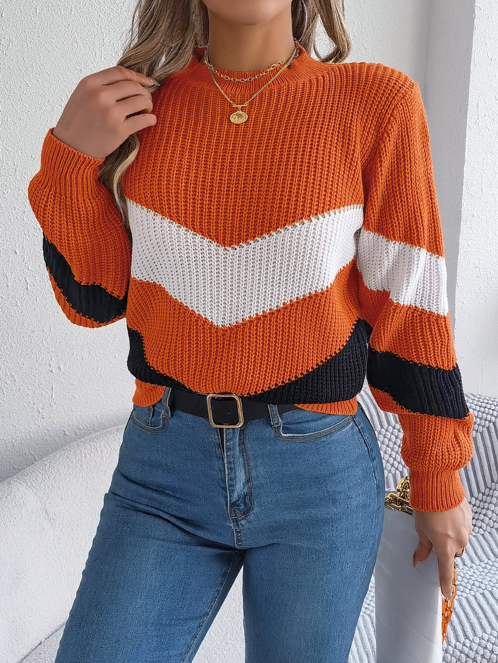 Women Casual Color Block Lantern Sleeve Pullover Sweater