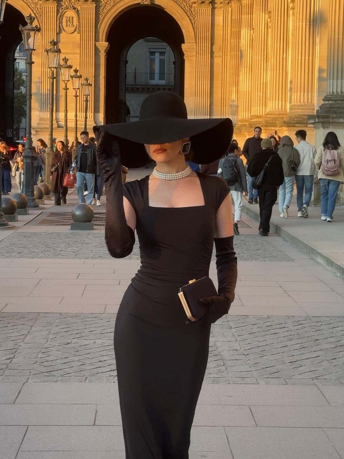 Black Square Neck Hip Wrap Dress With Gloves