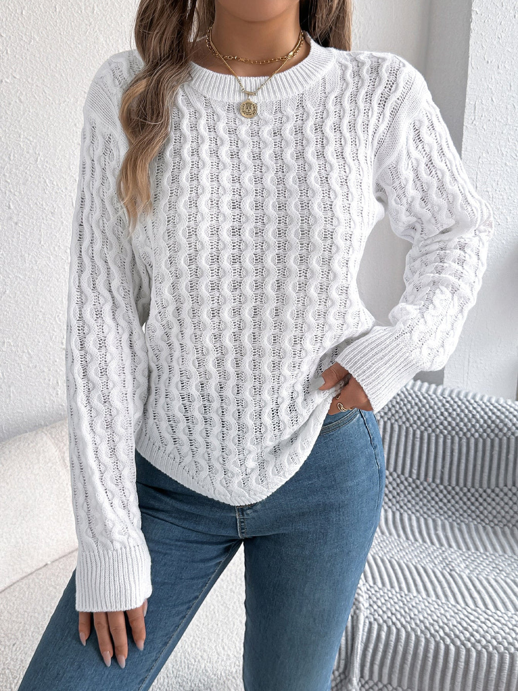 Women Casual Solid Color Cable Knit Lantern Sleeve Irregular Pullover Sweater