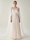 Elegant White Pleated Gown With Sheer Cape Overlay