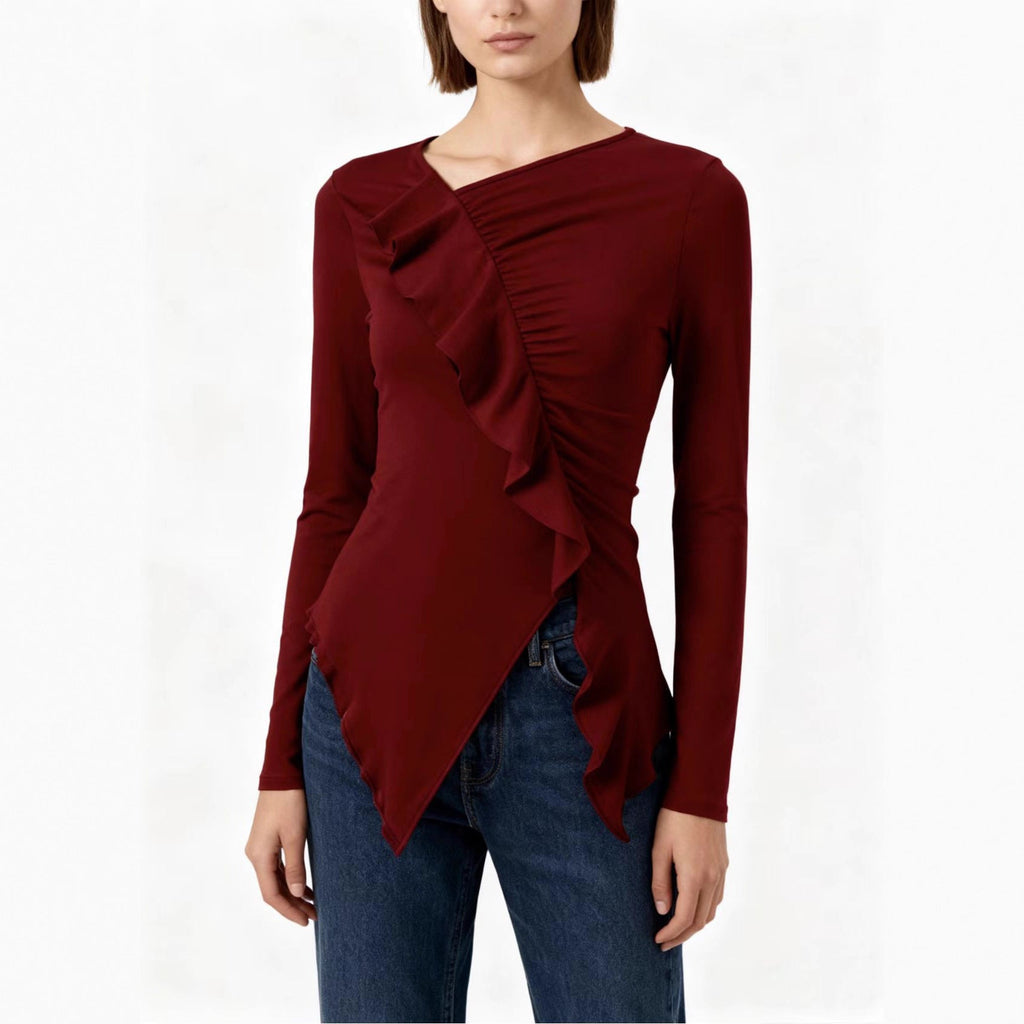 Pleated Ruffled Edge Square Neck Long Sleeve Base Shirt
