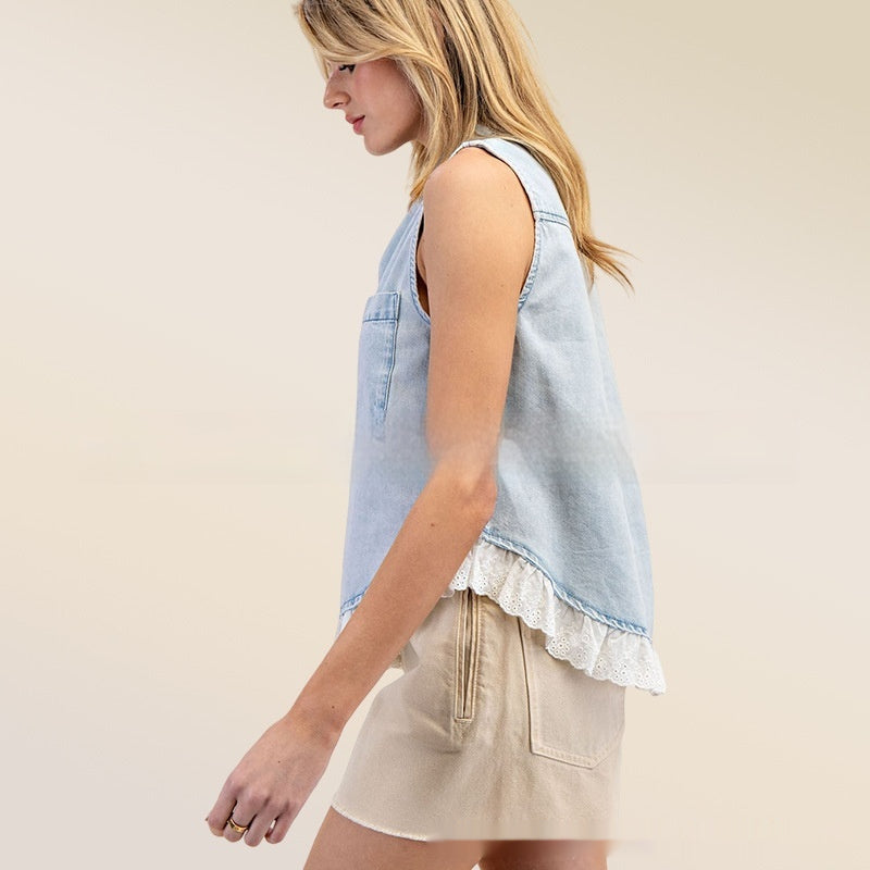 Patchwork Denim Sleeveless Shirt