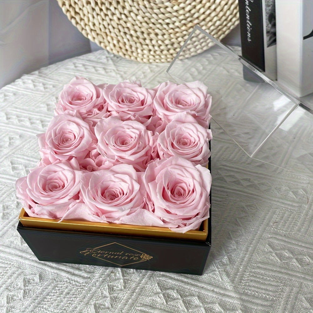 9 Eternal Preserved Roses in White Gift Box with Acrylic Cover