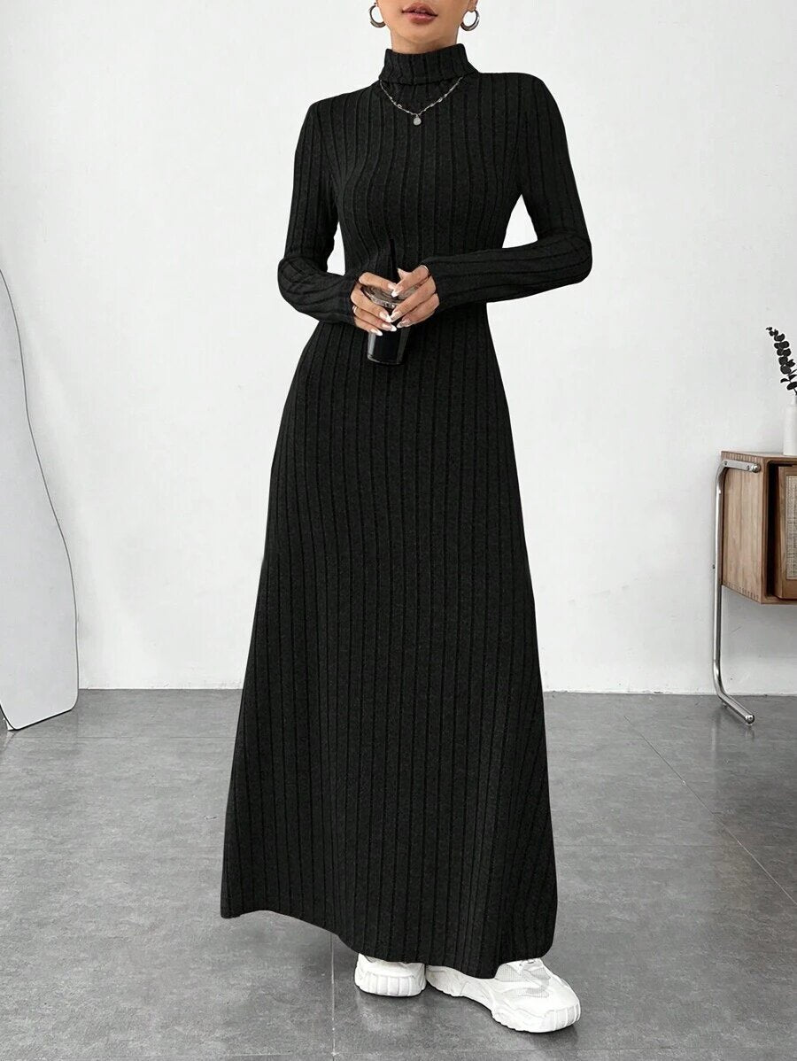 Women's Slim Fit Turtleneck Rib Fabric Brushed Long Sleeve Dress