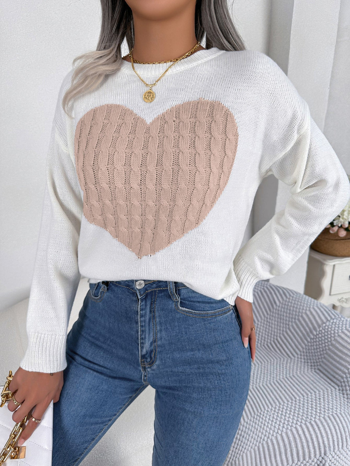 Women Cable Knit Heart Long Sleeve Pullover Sweater
