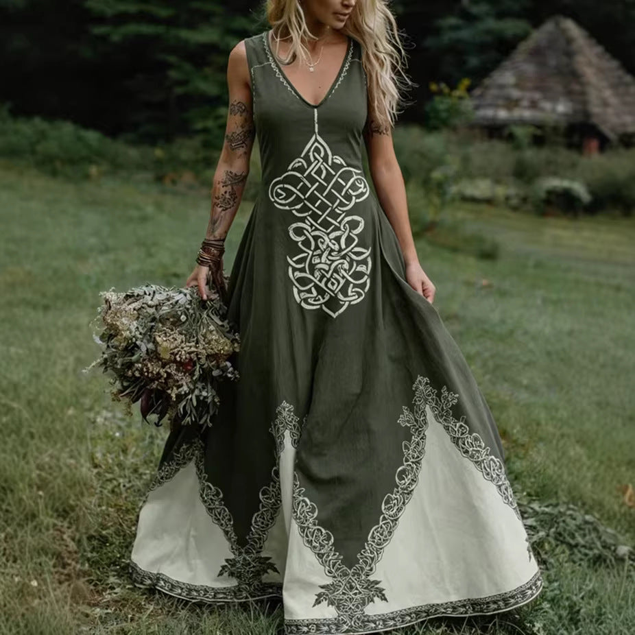 Women's V-Neck Ethnic-style Artistic Sleeveless Printed Dress