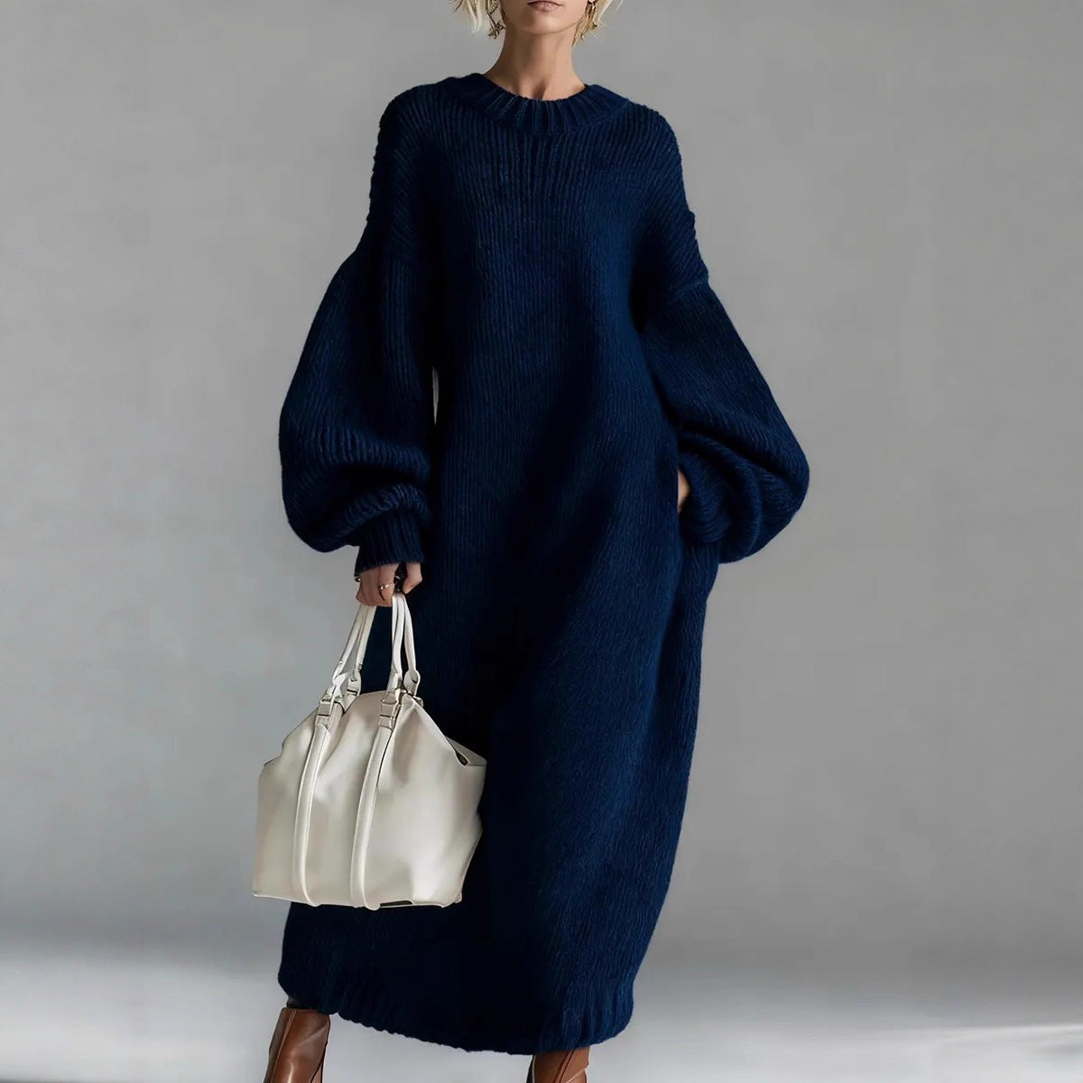Crew-neck Loose-fit Lantern-sleeve Long Knit Sweater Dress