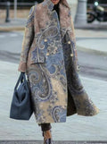 Long Wool Coat With Printed Patterns, Figure-hugging, Professional, With Pockets, Notched Collar, Loose Fit