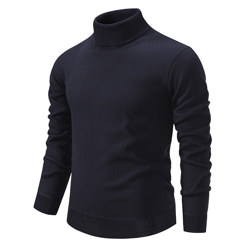 Men's Turtleneck Pullover Sweater Fashion Solid Color Fleece Lined Knitted Long-sleeved Top Clothing