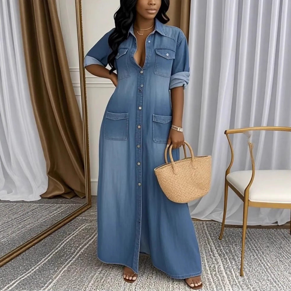 Lapel-collar Washed-and-stitched Patch-pocket Casual Dress