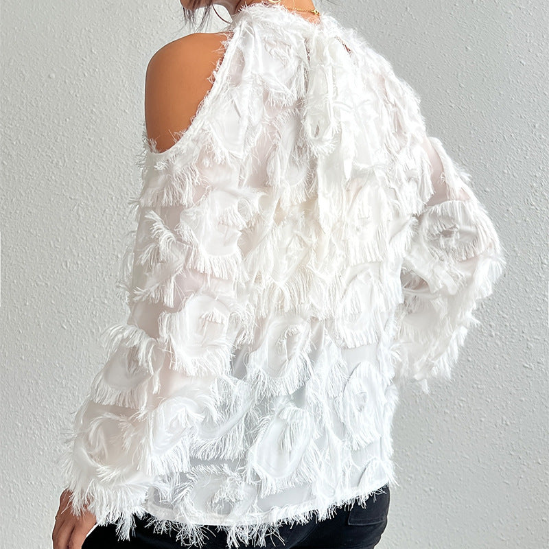 French-style Fringed Long-sleeve Off-shoulder Blouse For Everyday Commuting