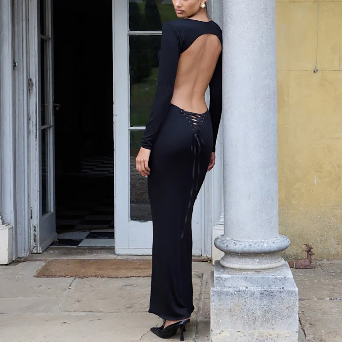 Round-neck High Waist Backless Solid Color Long Sleeve Dress Women