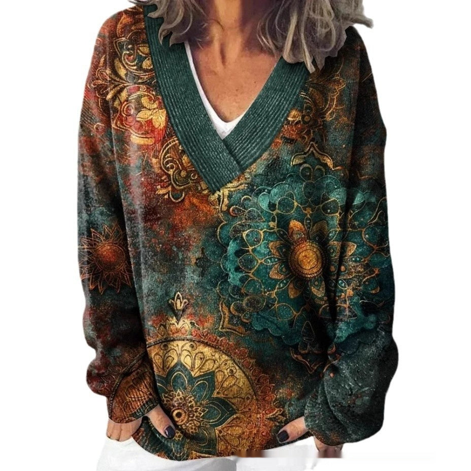Floral Pattern Printed V-neck Long Sleeve Casual Sweatshirt