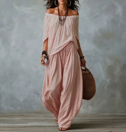 Women's Off-Shoulder Suit Long Sleeve Top And Flare Leg Pants Set - Loose Fit Casual Two Piece Outfit