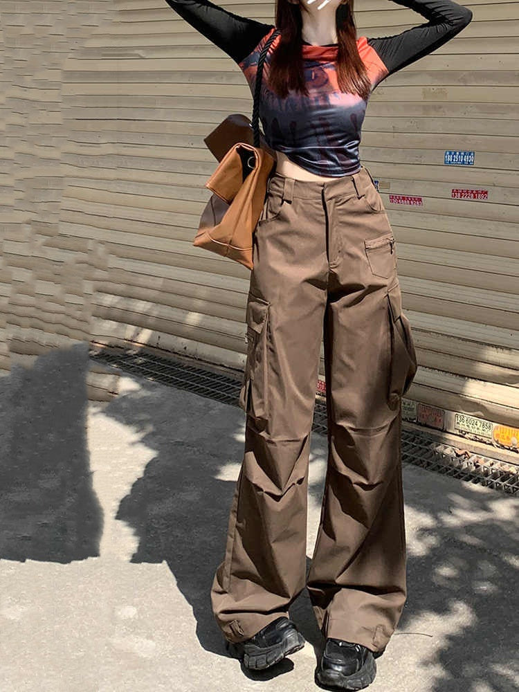 Women's Wide-leg Casual Cargo Pants With Large Pockets And Pleats