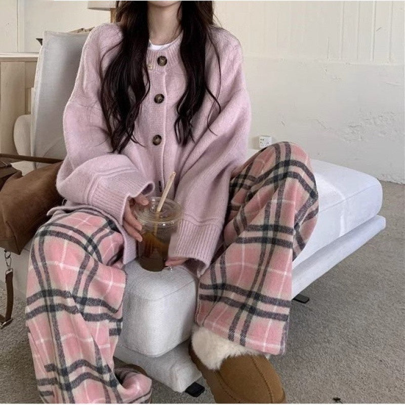 Gentle Temperament Idle Style Plaid Wide-leg Trousers