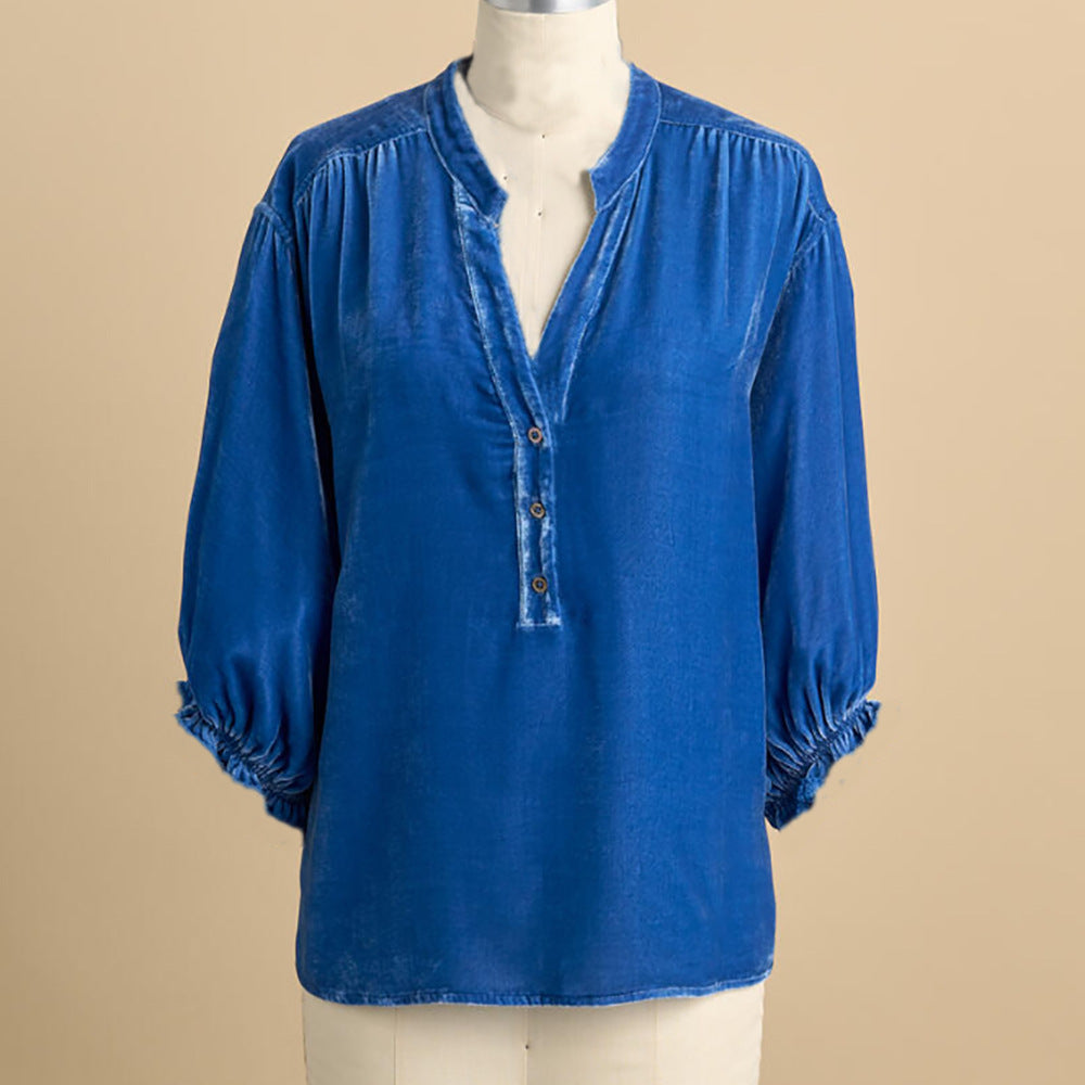 Women's Solid-color Short-sleeve Stand-collar Loose-fit Button-up Blouse