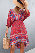 Bohemian V-neck Positioning Flower Irregular Backless Dress