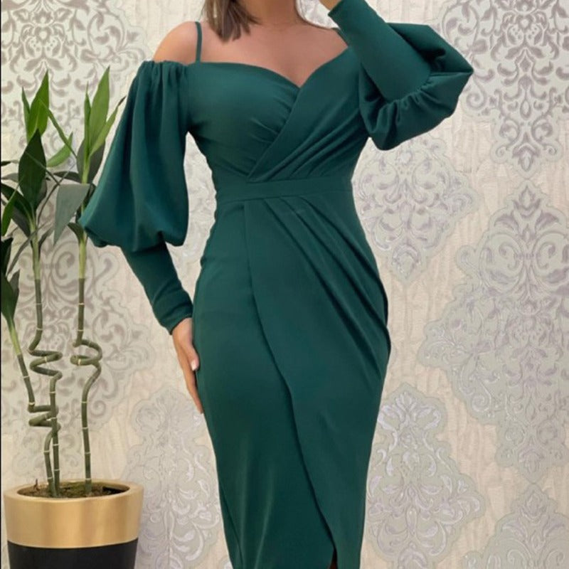 Women's Strapless Halter Neck Lantern-sleeve Waist Cinching Pleated Dress