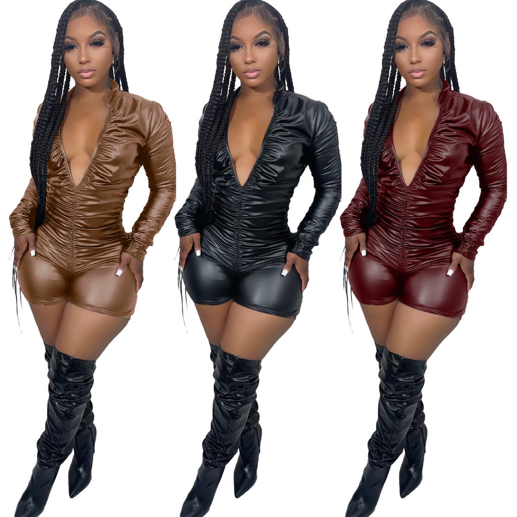 Fashion Pleated High-elasticity Leather Jumpsuit