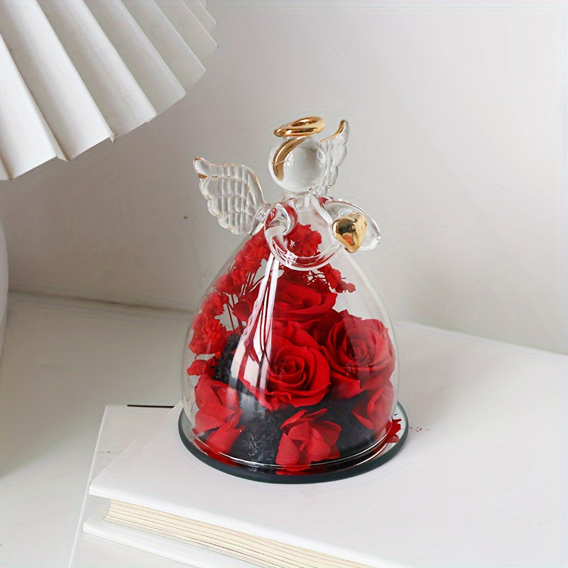 Eternal Red Roses in Glass Dome with Angel Statue – 10.21 × 7.49 cm