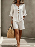 Summer Shorts Suits Womens Two-Piece Buttoned V-Neck Ruffle-Trim Top And Short Pant Set