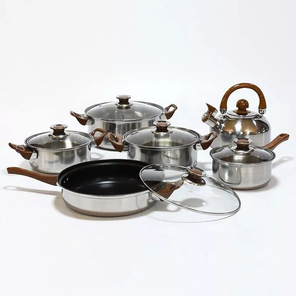 12 Piece Stainless Steel Cookware Set Pots Pans Glass Lids Kitchen Pan Pot