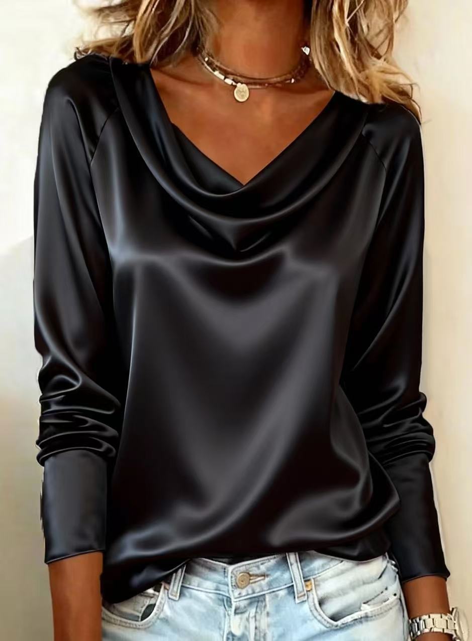 Women's Solid-Color Loose-fit Boat-Neck Draping Long-Sleeve Base Shirt