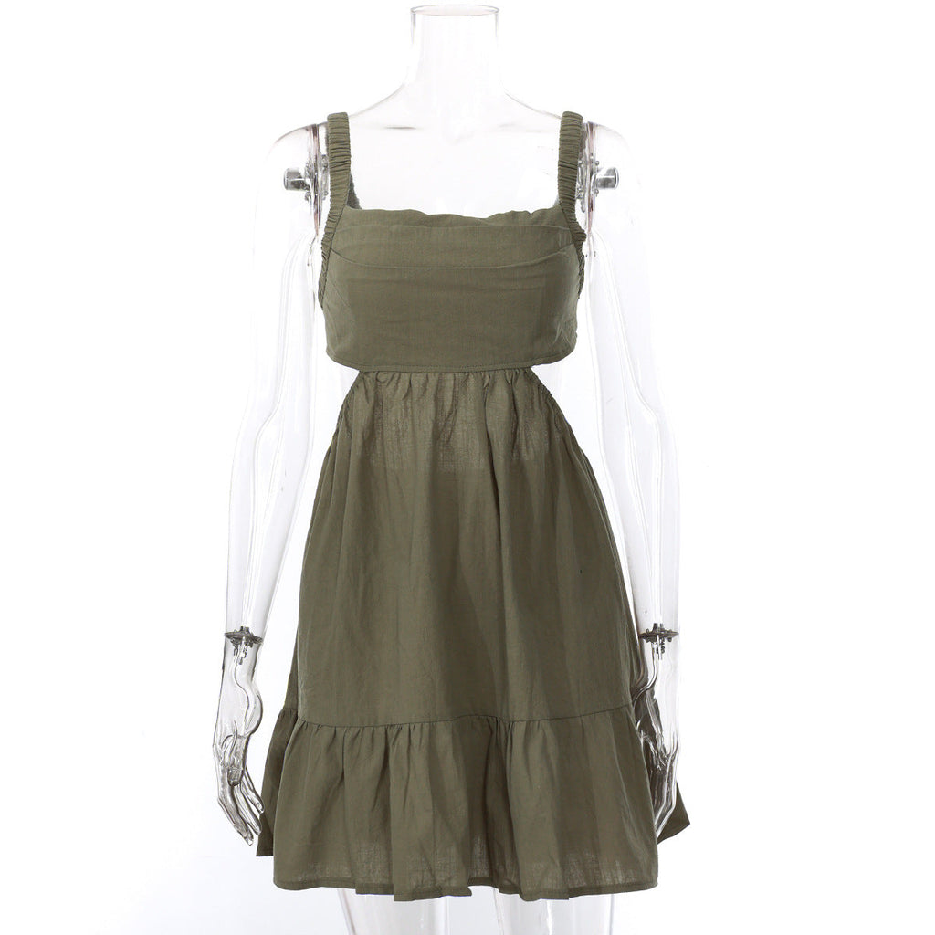 Summer Women's Pleated Square Collar Backless Sling Dress