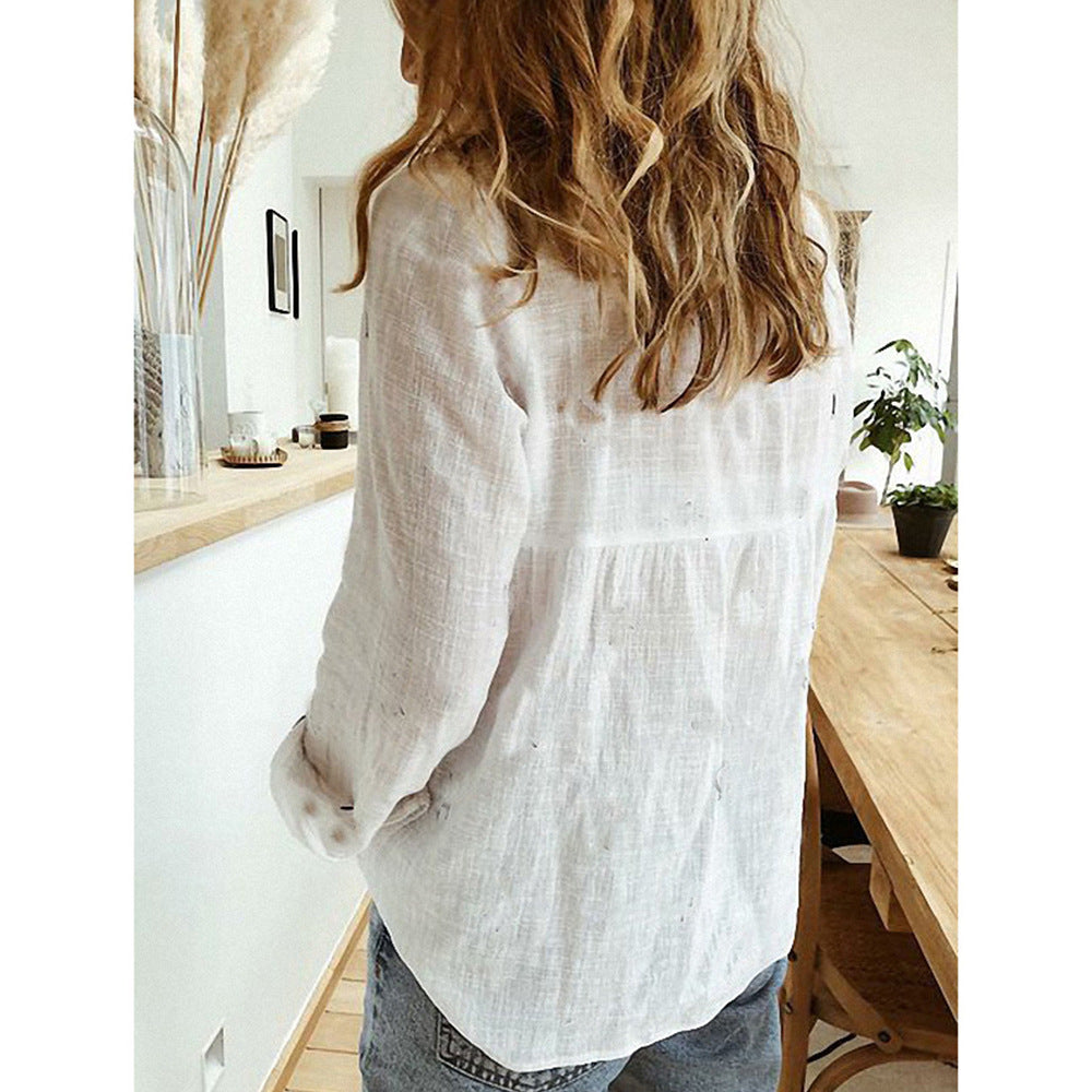 Lapel Long Sleeve Shirt Fashion Solid Color Button Top Women's Clothing