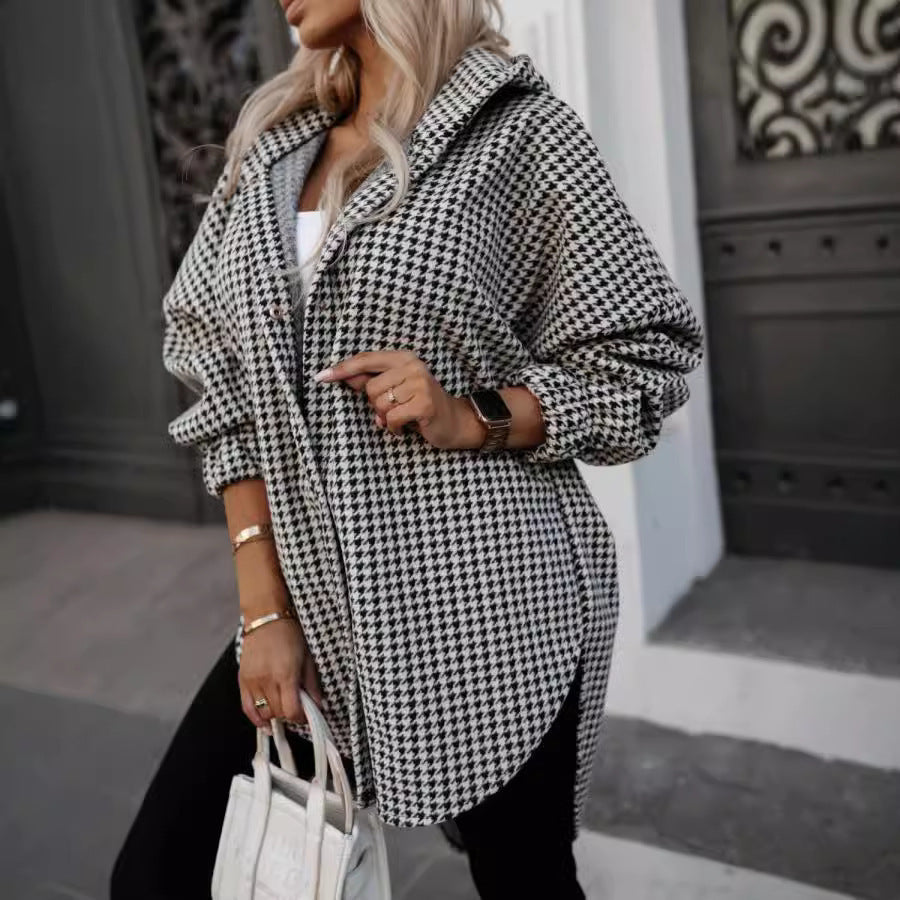 Plaid Hooded Side Slit Personality Street Coat