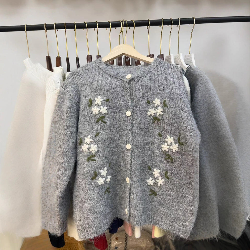 Korean Style Round Neck Embroidered Knitted Cardigan Sweater Coat