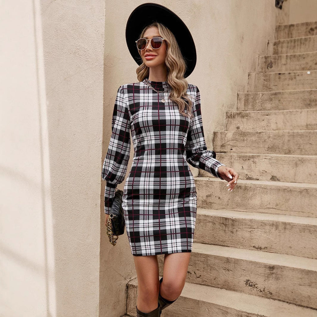 Fashion Lantern Sleeve Printed Tight Dress
