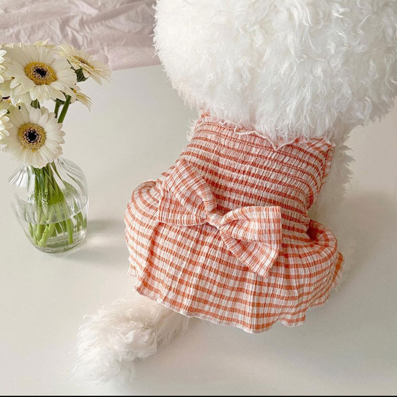 Spring And Summer Dog Bow Pleated Check Skirt