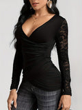 Solid-color Cross-join Lace-sleeve T-shirt