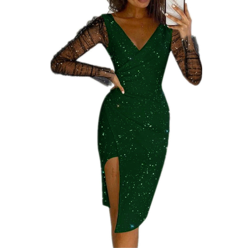 Hot-stone-embellished V-neck Sheath Mesh Dress For Women