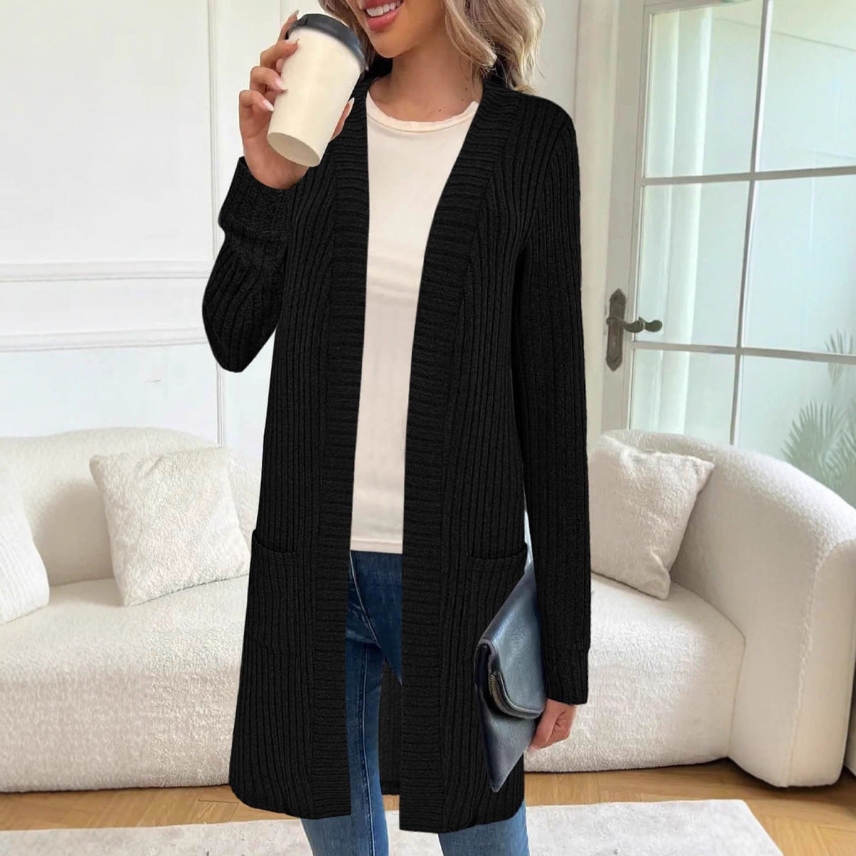 Long Sleeve Loose Pockets Knitted Cardigan Jacket