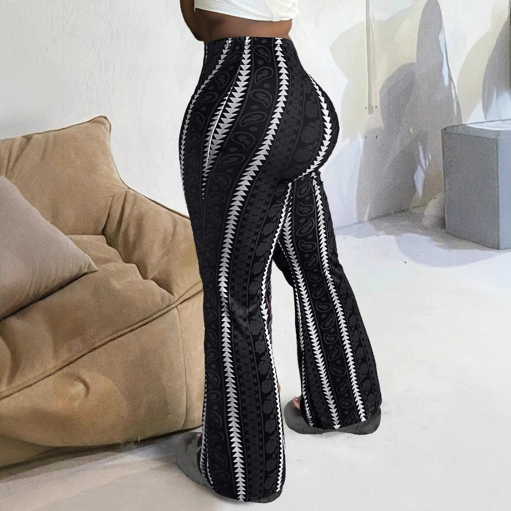 Contrast-color Striped Design Stretchy, Loose-fit Slightly Flared Casual Pants